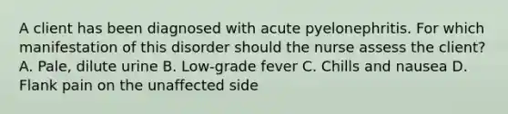 A client has been diagnosed with acute pyelonephritis. For which manifestation of this disorder should the nurse assess the client? A. Pale, dilute urine B. Low-grade fever C. Chills and nausea D. Flank pain on the unaffected side