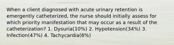 When a client diagnosed with acute urinary retention is emergently catheterized, the nurse should initially assess for which priority manifestation that may occur as a result of the catheterization? 1. Dysuria(10%) 2. Hypotension(34%) 3. Infection(47%) 4. Tachycardia(6%)