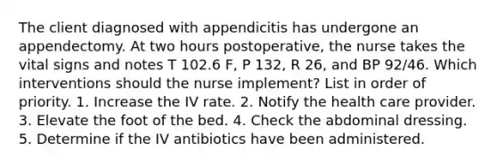 The client diagnosed with appendicitis has undergone an appendectomy. At two hours postoperative, the nurse takes the vital signs and notes T 102.6 F, P 132, R 26, and BP 92/46. Which interventions should the nurse implement? List in order of priority. 1. Increase the IV rate. 2. Notify the health care provider. 3. Elevate the foot of the bed. 4. Check the abdominal dressing. 5. Determine if the IV antibiotics have been administered.