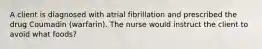 A client is diagnosed with atrial fibrillation and prescribed the drug Coumadin (warfarin). The nurse would instruct the client to avoid what foods?