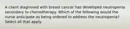 A client diagnosed with breast cancer has developed neutropenia secondary to chemotherapy. Which of the following would the nurse anticipate as being ordered to address the neutropenia? Select all that apply.