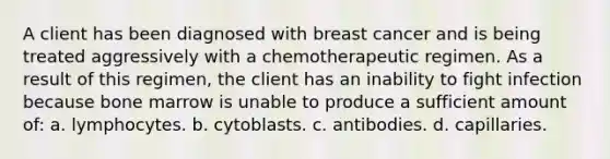 A client has been diagnosed with breast cancer and is being treated aggressively with a chemotherapeutic regimen. As a result of this regimen, the client has an inability to fight infection because bone marrow is unable to produce a sufficient amount of: a. lymphocytes. b. cytoblasts. c. antibodies. d. capillaries.