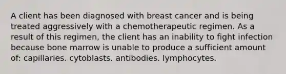 A client has been diagnosed with breast cancer and is being treated aggressively with a chemotherapeutic regimen. As a result of this regimen, the client has an inability to fight infection because bone marrow is unable to produce a sufficient amount of: capillaries. cytoblasts. antibodies. lymphocytes.