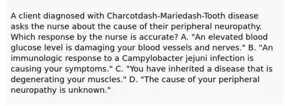 A client diagnosed with Charcotdash-Mariedash-Tooth disease asks the nurse about the cause of their peripheral neuropathy. Which response by the nurse is​ accurate? A. ​"An elevated blood glucose level is damaging your blood vessels and​ nerves." B. "An immunologic response to a Campylobacter jejuni infection is causing your​ symptoms." C. ​"You have inherited a disease that is degenerating your​ muscles." D. "The cause of your peripheral neuropathy is​ unknown."