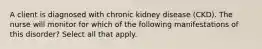 A client is diagnosed with chronic kidney disease (CKD). The nurse will monitor for which of the following manifestations of this disorder? Select all that apply.