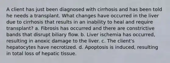 A client has just been diagnosed with cirrhosis and has been told he needs a transplant. What changes have occurred in the liver due to cirrhosis that results in an inability to heal and require transplant? a. Fibrosis has occurred and there are constrictive bands that disrupt biliary flow. b. Liver ischemia has occurred, resulting in anoxic damage to the liver. c. The client's hepatocytes have necrotized. d. Apoptosis is induced, resulting in total loss of hepatic tissue.