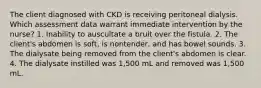 The client diagnosed with CKD is receiving peritoneal dialysis. Which assessment data warrant immediate intervention by the nurse? 1. Inability to auscultate a bruit over the fistula. 2. The client's abdomen is soft, is nontender, and has bowel sounds. 3. The dialysate being removed from the client's abdomen is clear. 4. The dialysate instilled was 1,500 mL and removed was 1,500 mL.