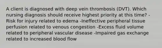 A client is diagnosed with deep vein thrombosis (DVT). Which nursing diagnosis should receive highest priority at this time? -Risk for injury related to edema -Ineffective peripheral tissue perfusion related to venous congestion -Excess fluid volume related to peripheral vascular disease -Impaired gas exchange related to increased blood flow