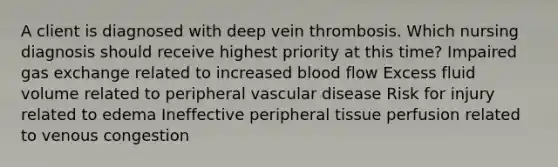 A client is diagnosed with deep vein thrombosis. Which nursing diagnosis should receive highest priority at this time? Impaired gas exchange related to increased blood flow Excess fluid volume related to peripheral vascular disease Risk for injury related to edema Ineffective peripheral tissue perfusion related to venous congestion