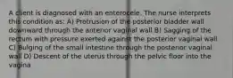 A client is diagnosed with an enterocele. The nurse interprets this condition as: A) Protrusion of the posterior bladder wall downward through the anterior vaginal wall B) Sagging of the rectum with pressure exerted against the posterior vaginal wall C) Bulging of the small intestine through the posterior vaginal wall D) Descent of the uterus through the pelvic floor into the vagina