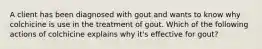 A client has been diagnosed with gout and wants to know why colchicine is use in the treatment of gout. Which of the following actions of colchicine explains why it's effective for gout?