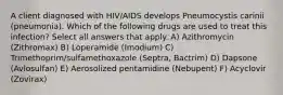 A client diagnosed with HIV/AIDS develops Pneumocystis carinii (pneumonia). Which of the following drugs are used to treat this infection? Select all answers that apply. A) Azithromycin (Zithromax) B) Loperamide (Imodium) C) Trimethoprim/sulfamethoxazole (Septra, Bactrim) D) Dapsone (Avlosulfan) E) Aerosolized pentamidine (Nebupent) F) Acyclovir (Zovirax)