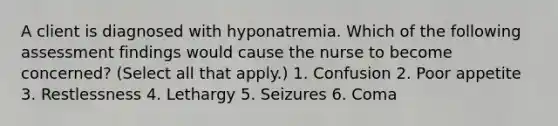 A client is diagnosed with hyponatremia. Which of the following assessment findings would cause the nurse to become concerned? (Select all that apply.) 1. Confusion 2. Poor appetite 3. Restlessness 4. Lethargy 5. Seizures 6. Coma