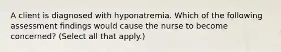 A client is diagnosed with hyponatremia. Which of the following assessment findings would cause the nurse to become concerned? (Select all that apply.)