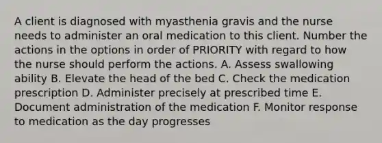 A client is diagnosed with myasthenia gravis and the nurse needs to administer an oral medication to this client. Number the actions in the options in order of PRIORITY with regard to how the nurse should perform the actions. A. Assess swallowing ability B. Elevate the head of the bed C. Check the medication prescription D. Administer precisely at prescribed time E. Document administration of the medication F. Monitor response to medication as the day progresses