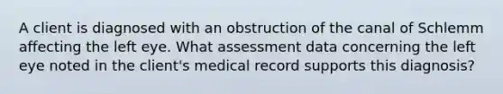 A client is diagnosed with an obstruction of the canal of Schlemm affecting the left eye. What assessment data concerning the left eye noted in the client's medical record supports this diagnosis?