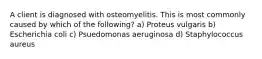 A client is diagnosed with osteomyelitis. This is most commonly caused by which of the following? a) Proteus vulgaris b) Escherichia coli c) Psuedomonas aeruginosa d) Staphylococcus aureus