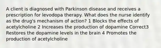 A client is diagnosed with Parkinson disease and receives a prescription for levodopa therapy. What does the nurse identify as the drug's mechanism of action? 1 Blocks the effects of acetylcholine 2 Increases the production of dopamine Correct3 Restores the dopamine levels in the brain 4 Promotes the production of acetylcholine