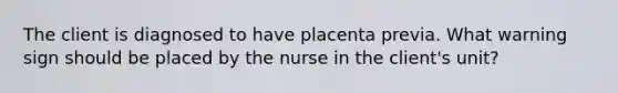 The client is diagnosed to have placenta previa. What warning sign should be placed by the nurse in the client's unit?