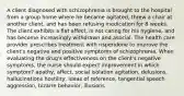 A client diagnosed with schizophrenia is brought to the hospital from a group home where he became agitated, threw a chair at another client, and has been refusing medication for 8 weeks. The client exhibits a flat affect, is not caring for his hygiene, and has become increasingly withdrawn and asocial. The health care provider prescribes treatment with risperidone to improve the client's negative and positive symptoms of schizophrenia. When evaluating the drug's effectiveness on the client's negative symptoms, the nurse should expect improvement in which symptom? apathy, affect, social isolation agitation, delusions, hallucinations hostility, ideas of reference, tangential speech aggression, bizarre behavior, illusions