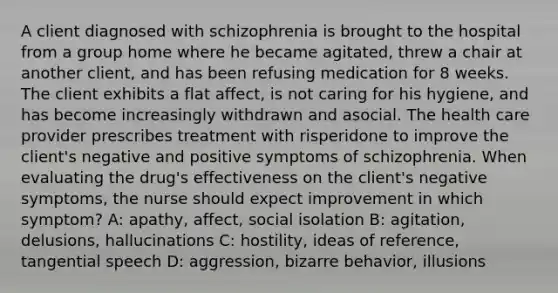 A client diagnosed with schizophrenia is brought to the hospital from a group home where he became agitated, threw a chair at another client, and has been refusing medication for 8 weeks. The client exhibits a flat affect, is not caring for his hygiene, and has become increasingly withdrawn and asocial. The health care provider prescribes treatment with risperidone to improve the client's negative and positive symptoms of schizophrenia. When evaluating the drug's effectiveness on the client's negative symptoms, the nurse should expect improvement in which symptom? A: apathy, affect, social isolation B: agitation, delusions, hallucinations C: hostility, ideas of reference, tangential speech D: aggression, bizarre behavior, illusions