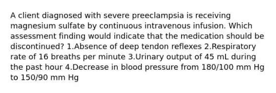 A client diagnosed with severe preeclampsia is receiving magnesium sulfate by continuous intravenous infusion. Which assessment finding would indicate that the medication should be discontinued? 1.Absence of deep tendon reflexes 2.Respiratory rate of 16 breaths per minute 3.Urinary output of 45 mL during the past hour 4.Decrease in blood pressure from 180/100 mm Hg to 150/90 mm Hg