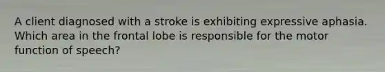 A client diagnosed with a stroke is exhibiting expressive aphasia. Which area in the frontal lobe is responsible for the motor function of speech?