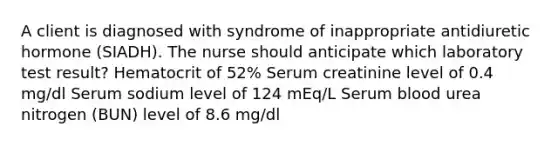 A client is diagnosed with syndrome of inappropriate antidiuretic hormone (SIADH). The nurse should anticipate which laboratory test result? Hematocrit of 52% Serum creatinine level of 0.4 mg/dl Serum sodium level of 124 mEq/L Serum blood urea nitrogen (BUN) level of 8.6 mg/dl