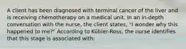 A client has been diagnosed with terminal cancer of the liver and is receiving chemotherapy on a medical unit. In an in-depth conversation with the nurse, the client states, "I wonder why this happened to me?" According to Kübler-Ross, the nurse identifies that this stage is associated with: