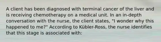 A client has been diagnosed with terminal cancer of the liver and is receiving chemotherapy on a medical unit. In an in-depth conversation with the nurse, the client states, "I wonder why this happened to me?" According to Kübler-Ross, the nurse identifies that this stage is associated with: