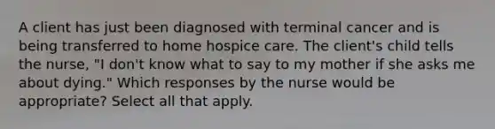 A client has just been diagnosed with terminal cancer and is being transferred to home hospice care. The client's child tells the nurse, "I don't know what to say to my mother if she asks me about dying." Which responses by the nurse would be appropriate? Select all that apply.