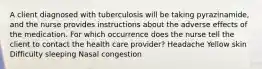 A client diagnosed with tuberculosis will be taking pyrazinamide, and the nurse provides instructions about the adverse effects of the medication. For which occurrence does the nurse tell the client to contact the health care provider? Headache Yellow skin Difficulty sleeping Nasal congestion