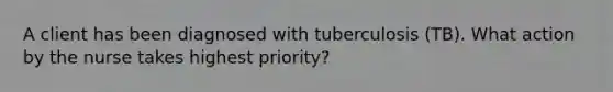 A client has been diagnosed with tuberculosis (TB). What action by the nurse takes highest priority?