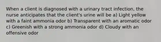 When a client is diagnosed with a urinary tract infection, the nurse anticipates that the client's urine will be a) Light yellow with a faint ammonia odor b) Transparent with an aromatic odor c) Greenish with a strong ammonia odor d) Cloudy with an offensive odor