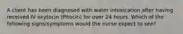 A client has been diagnosed with water intoxication after having received IV oxytocin (Pitocin) for over 24 hours. Which of the following signs/symptoms would the nurse expect to see?