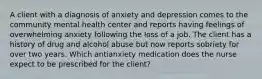 A client with a diagnosis of anxiety and depression comes to the community mental health center and reports having feelings of overwhelming anxiety following the loss of a job. The client has a history of drug and alcohol abuse but now reports sobriety for over two years. Which antianxiety medication does the nurse expect to be prescribed for the client?