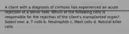 A client with a diagnosis of cirrhosis has experienced an acute rejection of a donor liver. Which of the following cells is responsible for the rejection of the client's transplanted organ? Select one: a. T cells b. Neutrophils c. Mast cells d. Natural killer cells