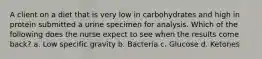 A client on a diet that is very low in carbohydrates and high in protein submitted a urine specimen for analysis. Which of the following does the nurse expect to see when the results come back? a. Low specific gravity b. Bacteria c. Glucose d. Ketones