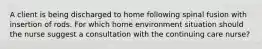 A client is being discharged to home following spinal fusion with insertion of rods. For which home environment situation should the nurse suggest a consultation with the continuing care nurse?