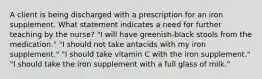 A client is being discharged with a prescription for an iron supplement. What statement indicates a need for further teaching by the nurse? "I will have greenish-black stools from the medication." "I should not take antacids with my iron supplement." "I should take vitamin C with the iron supplement." "I should take the iron supplement with a full glass of milk."