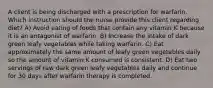 A client is being discharged with a prescription for warfarin. Which instruction should the nurse provide this client regarding diet? A) Avoid eating of foods that contain any vitamin K because it is an antagonist of warfarin. B) Increase the intake of dark green leafy vegetables while taking warfarin. C) Eat approximately the same amount of leafy green vegetables daily so the amount of vitamin K consumed is consistent. D) Eat two servings of raw dark green leafy vegetables daily and continue for 30 days after warfarin therapy is completed.