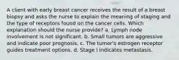 A client with early breast cancer receives the result of a breast biopsy and asks the nurse to explain the meaning of staging and the type of receptors found on the cancer cells. Which explanation should the nurse provide? a. Lymph node involvement is not significant. b. Small tumors are aggressive and indicate poor prognosis. c. The tumor's estrogen receptor guides treatment options. d. Stage I indicates metastasis.