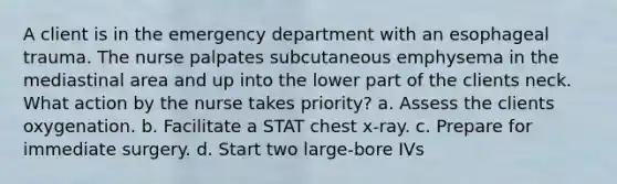 A client is in the emergency department with an esophageal trauma. The nurse palpates subcutaneous emphysema in the mediastinal area and up into the lower part of the clients neck. What action by the nurse takes priority? a. Assess the clients oxygenation. b. Facilitate a STAT chest x-ray. c. Prepare for immediate surgery. d. Start two large-bore IVs