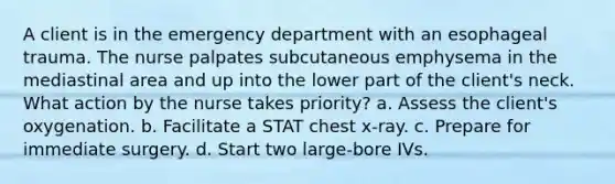 A client is in the emergency department with an esophageal trauma. The nurse palpates subcutaneous emphysema in the mediastinal area and up into the lower part of the client's neck. What action by the nurse takes priority? a. Assess the client's oxygenation. b. Facilitate a STAT chest x-ray. c. Prepare for immediate surgery. d. Start two large-bore IVs.