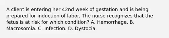 A client is entering her 42nd week of gestation and is being prepared for induction of labor. The nurse recognizes that the fetus is at risk for which condition? A. Hemorrhage. B. Macrosomia. C. Infection. D. Dystocia.