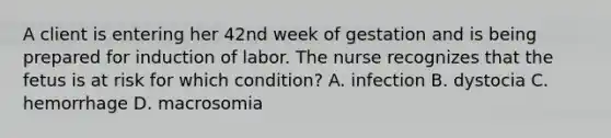 A client is entering her 42nd week of gestation and is being prepared for induction of labor. The nurse recognizes that the fetus is at risk for which condition? A. infection B. dystocia C. hemorrhage D. macrosomia