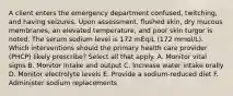 A client enters the emergency department confused, twitching, and having seizures. Upon assessment, flushed skin, dry mucous membranes, an elevated temperature, and poor skin turgor is noted. The serum sodium level is 172 mEq/L (172 mmol/L). Which interventions should the primary health care provider (PHCP) likely prescribe? Select all that apply. A. Monitor vital signs B. Monitor intake and output C. Increase water intake orally D. Monitor electrolyte levels E. Provide a sodium-reduced diet F. Administer sodium replacements