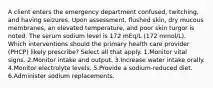 A client enters the emergency department confused, twitching, and having seizures. Upon assessment, flushed skin, dry mucous membranes, an elevated temperature, and poor skin turgor is noted. The serum sodium level is 172 mEq/L (172 mmol/L). Which interventions should the primary health care provider (PHCP) likely prescribe? Select all that apply. 1.Monitor vital signs. 2.Monitor intake and output. 3.Increase water intake orally. 4.Monitor electrolyte levels. 5.Provide a sodium-reduced diet. 6.Administer sodium replacements.