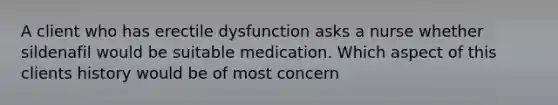 A client who has erectile dysfunction asks a nurse whether sildenafil would be suitable medication. Which aspect of this clients history would be of most concern