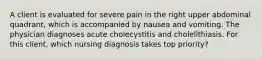 A client is evaluated for severe pain in the right upper abdominal quadrant, which is accompanied by nausea and vomiting. The physician diagnoses acute cholecystitis and cholelithiasis. For this client, which nursing diagnosis takes top priority?